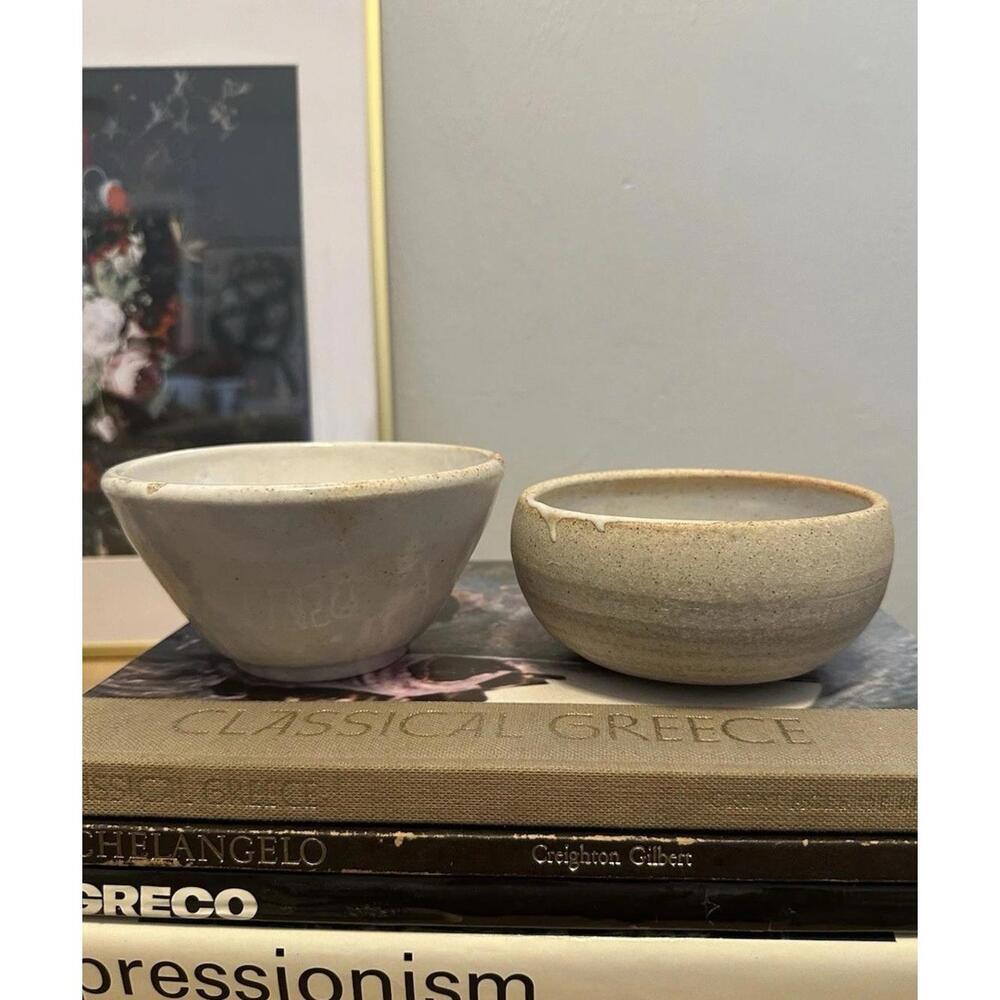 Set Of 2 Unique Art Pottery Rustic White Ceramic Glazed Bowls Initialed